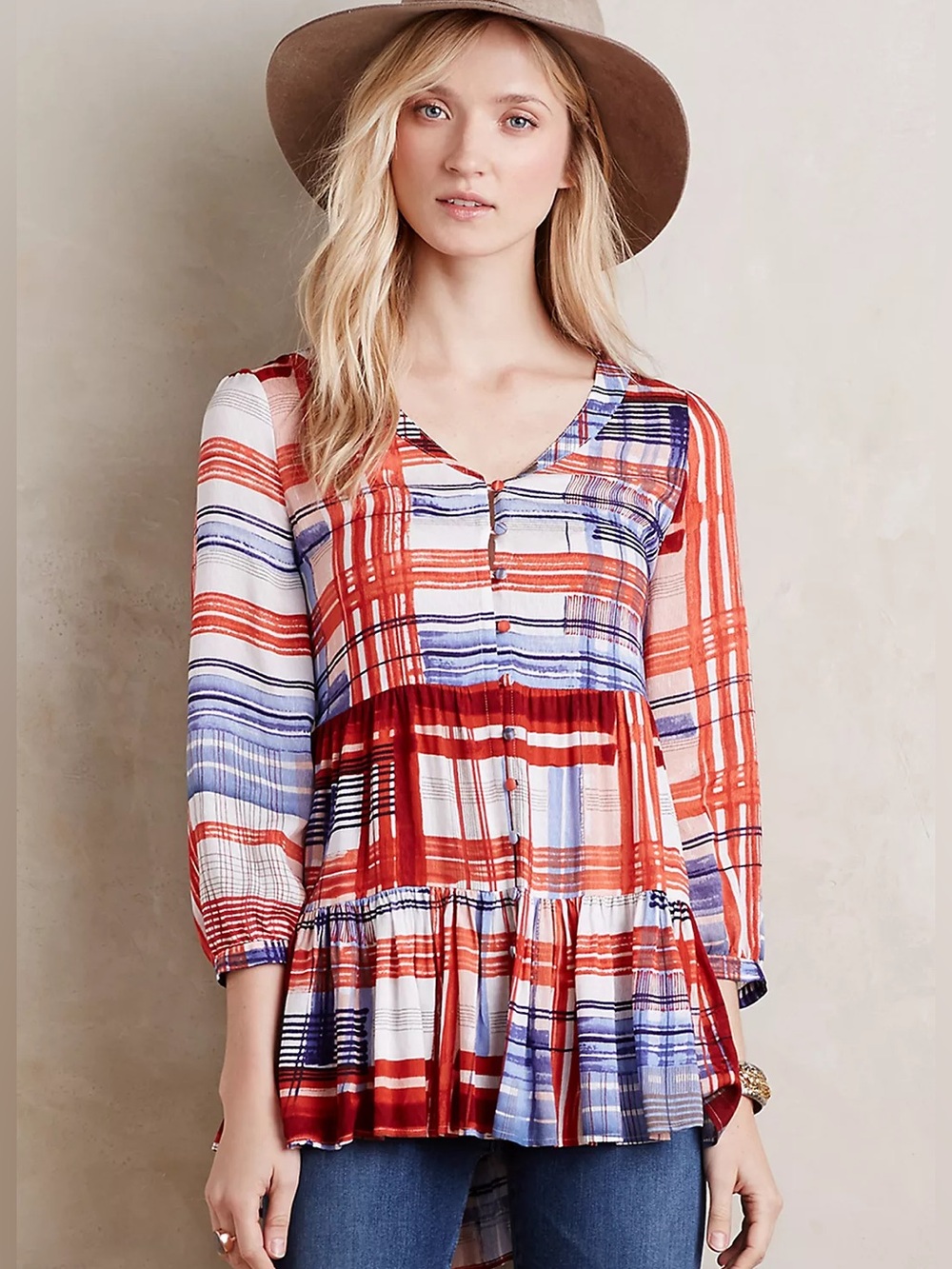 Maeve | “Lila” Plaid Tiered Ruffled Flowy Boho Tunic 𝕊𝕞𝕒𝕝𝕝 ℙ𝕖𝕥𝕚𝕥𝕖